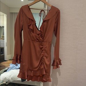 MAJORELLE Orange Ruched Bell Sleeve Dress